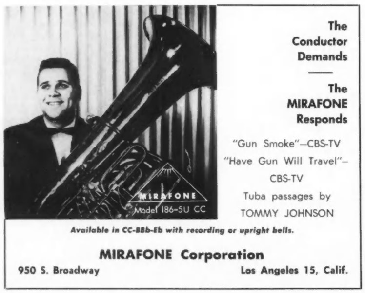 1961-10 The Instrumentalist, p. 50 - Tommy Johnson Mirafone ad.jpg