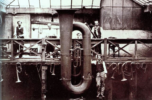 1870s - Saxhorn bourdon in Sax's workshop in Rue de Dunkerque, Paris.JPG